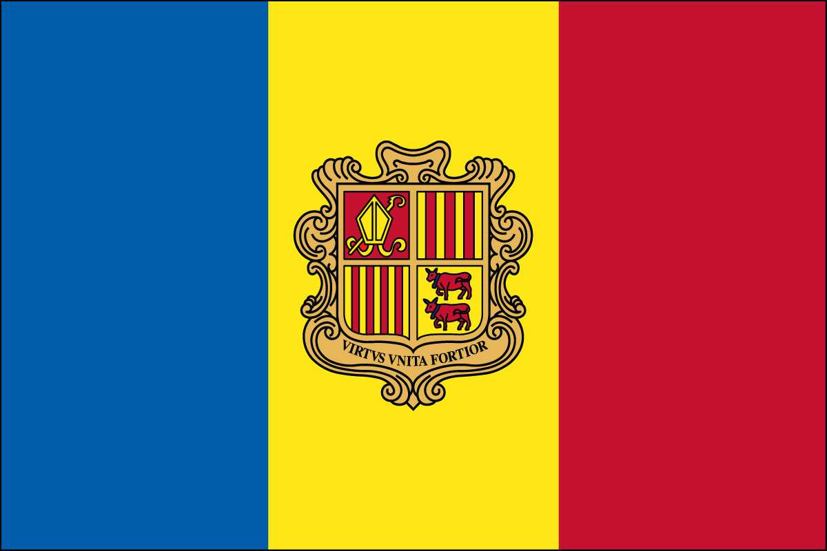 12x18" poly flag on a stick of Andorra - 12x18" polyester flag of Andorra.<BR>Combines with our other 12x18" polyester flags for discounts.