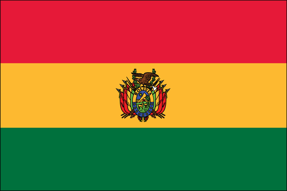 12x18" poly flag on a stick of Bolivia - 12x18" polyester flag of Bolivia.<BR>Combines with our other 12x18" polyester flags for discounts.