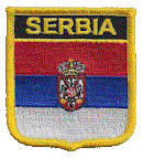Shield Flag Patch of Serbia - 3x2½" embroidered Shield Flag Patch of Serbia.<BR>Combines with our other Shield Flag Patches for discounts.