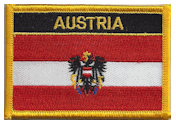 Named Flag Patch of Austria with Eagle - 2¼x3¼" embroidered Named Flag Patch of Austria with Eagle.<BR>Combines with our other Named Flag Patches for discounts.