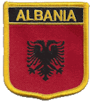 Shield Flag Patch of Albania - 3x2½" embroidered Shield Flag Patch of Albania.<BR>Combines with our other Shield Flag Patches for discounts.