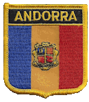 Shield Flag Patch of Andorra - 3x2½" embroidered Shield Flag Patch of Andorra.<BR>Combines with our other Shield Flag Patches for discounts.