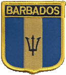 Shield Flag Patch of Barbados - 3x2½" embroidered Shield Flag Patch of Barbados.<BR>Combines with our other Shield Flag Patches for discounts.