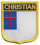 Shield Flag Patch of the Christian flag - 3x2½" embroidered Shield Flag Patch of the Christian flag.<BR>Combines with our other Shield Flag Patches for discounts.