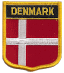 Shield Flag Patch of Denmark - 3x2½" embroidered Shield Flag Patch of Denmark.<BR>Combines with our other Shield Flag Patches for discounts.