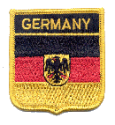 Shield Flag Patch of Germany with Eagle - 3x2½" embroidered Shield Flag Patch of Germany with Eagle.<BR>Combines with our other Shield Flag Patches for discounts.