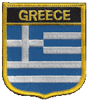 Shield Flag Patch of Greece - 3x2½" embroidered Shield Flag Patch of Greece.<BR>Combines with our other Shield Flag Patches for discounts.