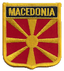 Shield Flag Patch of Macedonia - 3x2½" embroidered Shield Flag Patch of Macedonia.<BR>Combines with our other Shield Flag Patches for discounts.