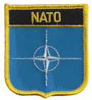Shield Flag Patch of NATO - 3x2½" embroidered Shield Flag Patch of NATO.<BR>Combines with our other Shield Flag Patches for discounts.