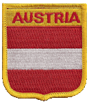 Shield Flag Patch of Austria - 3x2½" embroidered Shield Flag Patch of Austria.<BR>Combines with our other Shield Flag Patches for discounts.