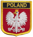 Shield Flag Patch of Poland Eagle - 3x2½" embroidered Shield Flag Patch of Poland with Eagle.<BR>Combines with our other Shield Flag Patches for discounts.