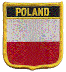 Shield Flag Patch of Poland - 3x2½" embroidered Shield Flag Patch of Poland.<BR>Combines with our other Shield Flag Patches for discounts.