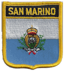 Shield Flag Patch of San Marino - 3x2½" embroidered Shield Flag Patch of San Marino.<BR>Combines with our other Shield Flag Patches for discounts.