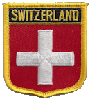 Shield Flag Patch of Switzerland - 3x2½" embroidered Shield Flag Patch of Switzerland.<BR>Combines with our other Shield Flag Patches for discounts.