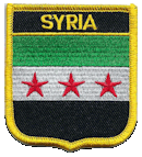 Shield Flag Patch of Syria Independence - 3x2½" embroidered Shield Flag Patch of Syria Independence.<BR>Combines with our other Shield Flag Patches for discounts.