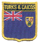 Shield Flag Patch of Turks & Caicos - 3x2½" embroidered Shield Flag Patch of Turks & Caicos.<BR>Combines with our other Shield Flag Patches for discounts.