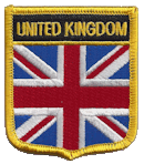 Shield Flag Patch of United Kingdom - 3x2½" embroidered Shield Flag Patch of the United Kingdom.<BR>Combines with our other Shield Flag Patches for discounts.