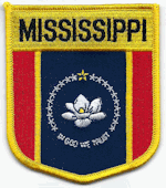 Shield Flag Patch of State of Mississippi - 3½x3" embroidered Shield Flag Patch of the State of Mississippi.<BR>Combines with our other State Shield Patches for discounts.