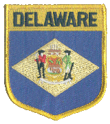 Shield Flag Patch of State of Delaware - 3½x3" embroidered Shield Flag Patch of the State of Delaware.<BR>Combines with our other State Shield Patches for discounts.