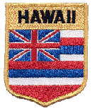 Shield Flag Patch of State of Hawaii - 3½x3" embroidered Shield Flag Patch of the State of Hawaii.<BR>Combines with our other State Shield Patches for discounts.