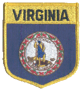 Shield Flag Patch of State of Virginia - 3½x3" embroidered Shield Flag Patch of the State of Virginia.<BR>Combines with our other State Shield Patches for discounts.